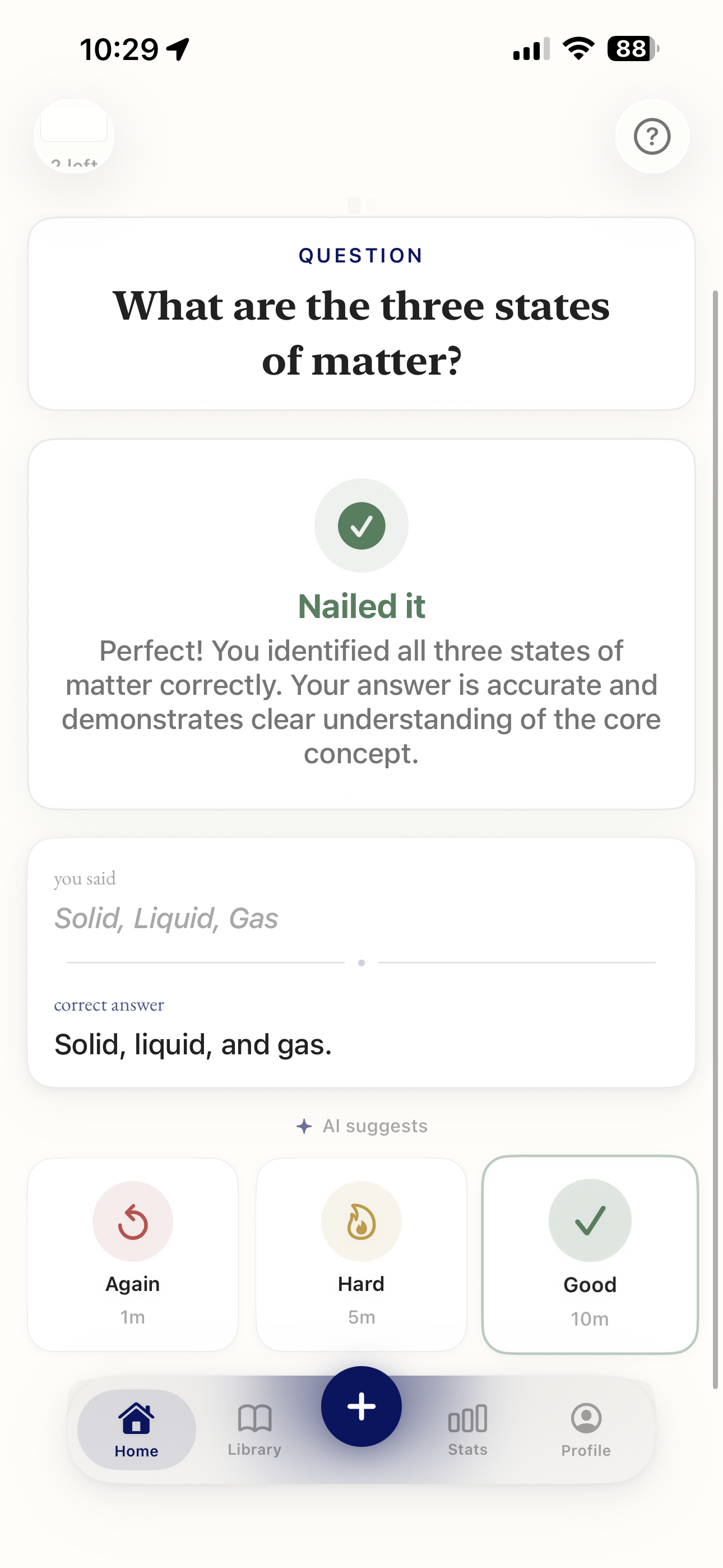 Neemo app showing verdict screen with spaced repetition rating